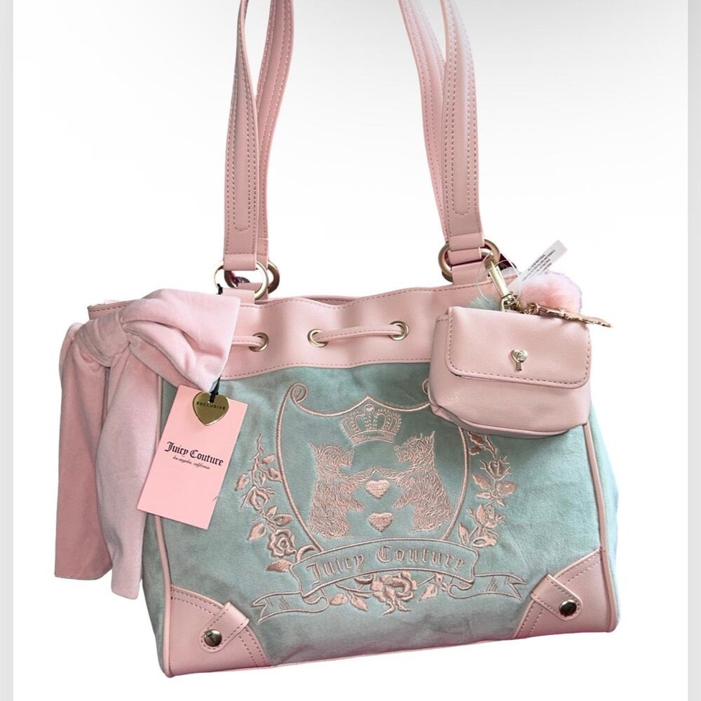 JUICY COUTURE VINTAGE SCOTTIE DOGS FROSTY GREEN NEW LOVE CHAPTER VELOUR TOTE NWT